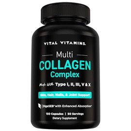 Vital Vitamins Multi Collagen Peptides Capsules for Women & Men - Type I, II, III, V, X Collagen Supplements - Grass-Fed, Non-GMO - 150 Pills