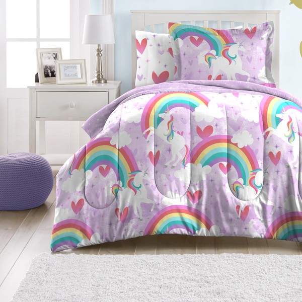 dream FACTORY Kids 5-Piece Complete Set Easy-Wash Super Soft Microfiber Comforter Bedding, Twin, Purple Unicorn Rainbow