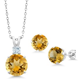 Gem Stone King 925 Sterling Silver Yellow Citrine and Sky Blue Aquamarine Pendant and Earrings Jewelry Set For Women (6.29 Cttw, Round 10MM, Gemstone Birthstone, with 18 Inch Silver Chain)
