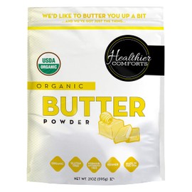 Healthier Comforts Organic Butter Powder | USDA Certified Organic Dehydrated Unsalted Butter | Kosher, Gluten Free, Non-GMO | Popcorn, Baking, Seasoning 21oz
