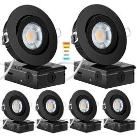 KnLnny Ware Black Gimbal recessed Lights 4 Inch 6 Pack, Gimbal canless recessed Lights with Junction Box,9W 750LM,Dimmable,5CCT Selectable,Air Tight