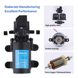 Aimela 12V DC Fresh Water Pump with 2 Hose Clamps,Self Priming Sprayer Pump with Pressure Switch,12 Volt High Pressure Pump Diaphragms,4.5 L/Min 1.2 GPM 85 PSI Adjustable for Spray,Marine,Lawn
