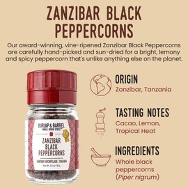 Burlap & Barrel | Zanzibar Black Peppercorns | As Seen On Shark Tank! | Award-Winning, Vine-Ripened, Bright, Lemony, Spicy | Peppercorns Whole, Pepper Corns | 2 Oz Grinder-Top Glass Jar