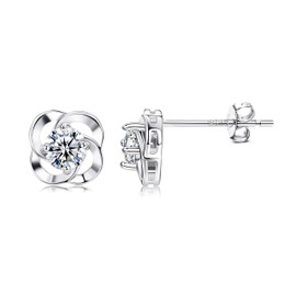 Sllaiss 925 Sterling Silver Stud Earrings Small Cubic Zirconia Stud Earrings Dainty Round Flower Star Stud Earrings for Women White Gold Plated Minimalist Jewellery(style B)