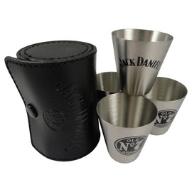 Jack Daniels Stainless Steel Shot Glass w/ Leather Storage Case Jack Daniel's Travel Set of 4