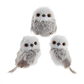Kurt Adler 3 pc Adorable Furry Gray and White Owl with Feathers Ornaments Set 3 7/8 inches