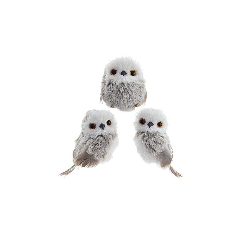 Kurt Adler 3 pc Adorable Furry Gray and White Owl