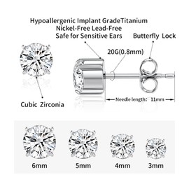 AROWRO 1 Pair of Implant Grade Titanium Stud Earrings Set, Hypoallergenic, 3-6 mm, Cubic Zirconia Earrings for Women, Girls, for Men, for Sensitive Ears, Sterling Silver