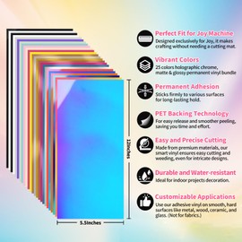 TECKWRAP 5.5"x12" Smart Adhesive Vinyl 25 Colors Holographic Chrome, Matte & Glossy Permanent Vinyl Bundle & 2 PCS Transfer Tape - No Need Cutting Mat- Compatible with Joy Machine for Handcrafts