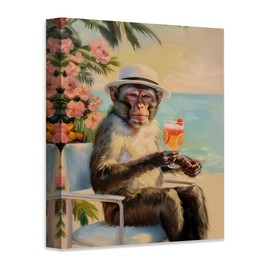 Changes in Latitude: 16x20 Stretched Canvas Poster-Tropical Monkey Portrait Painting with Cocktail - Whimsical Animal Art for Beach House, Vacation Home & Bar - Funny Vacationing Monkey Relaxation Art