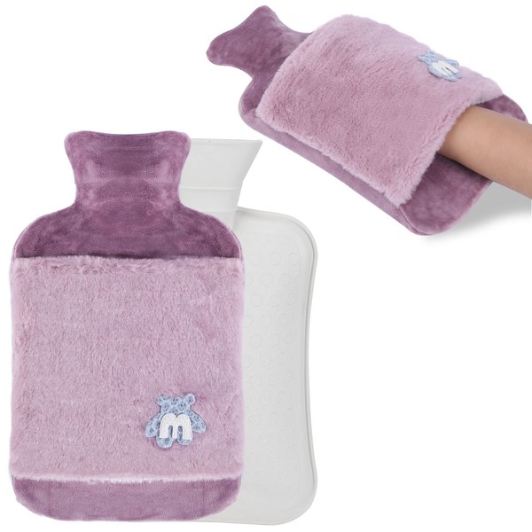 Thick Hot Water Bottle with Cover and Kangaroo Bag, 2 L Large Bed Bottle for Children and Adults, BPA-Free, Odourless (Purple)