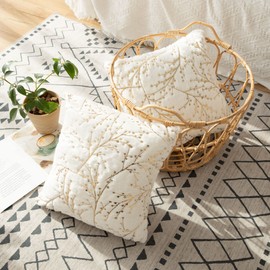 LIGICKY Set of 2 Fluffy White Faux Fur Pillow Covers Gold Branches Glitter Throw Pillows Decorative Soft Furry Sparkling Square Cushion Cases for Sofa Bedroom Party Décor 16x16inch（Double Sided Fur