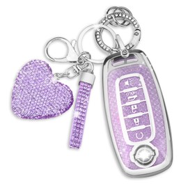 QBUC Key Fob Cover for Nissan with Heart Keychain, Car Key Fob Protector for Women, 5 Buttons Key Case Compatible with 2023 2024 2025 Pathfinder Rogue, Sentra 2024-2025 Accessories (Silver-Purple)