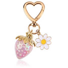 Wikavanli Cute Strawberry Keychain,Bag Charms,Kawaii Heart Flower Daisy Key chains Accessories Decor for Women Girls Purse Gift (Clear Strawberry, Pink)