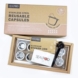 SEALPOD Reusable Nespresso Compatible Capsules Volume Pack (10 Capsules, 1 Spoon, Acrylic Station, 100 Stickers)