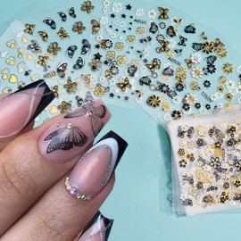 Butterfly Flowers Nails Art Sticker Decals 3D Self-Adhesive Black Gold Butterfly Design Sticker Bronzing Nail Art Supplies Decals Spring Summer Nail Charms for DIY Manicure Tips Decoration 30Pcs