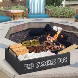 S'Mores Station with Handles, Wooden S'Mores Caddy Bar Holder with 4 Roasting Sticks, Farmhouse Smores Tray for Smores Kit for Fire Pit, Smores Maker Tabletop Indoor Kit for S'Mores Kit