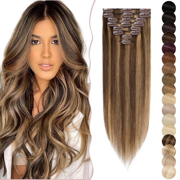 Sego Clip-In Real Hair Extensions, 8 Wefts, Thin Extensions, 100% Remy Human Hair, Straight Hairpieces, Medium Brown/Honey Blonde #4p27-1, 20 cm (45 g)
