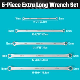 DURATECH 5-Piece Extra Long Wrench Set, Double Box End Wrench Set, 0 Degree Offset, Metric, CR-V Steel, 8mm, 10mm, 12mm, 13mm, 14mm, 15mm, 16mm, 17mm, 18mm, 19mm, Organized in Rolling Pouch