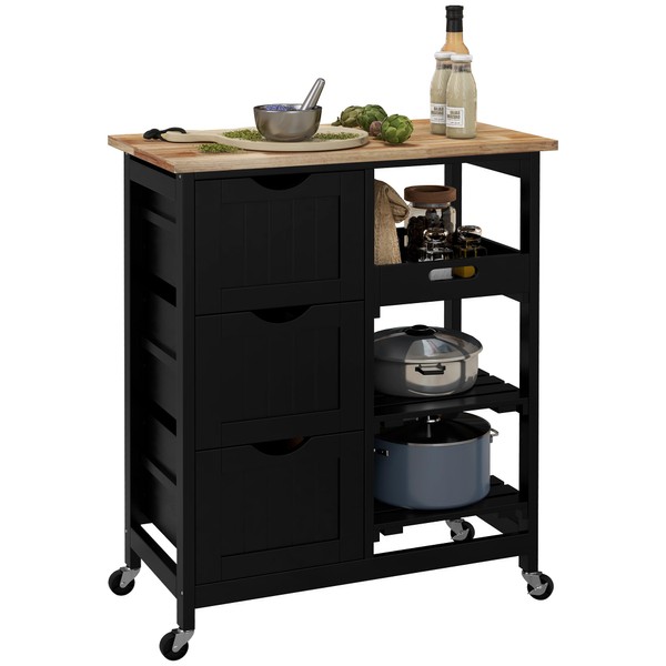 HOMCOM Rolling Kitchen Island Cart, Bar Serving Cart, Compact Trolley on Wheels with Wood Top, Shelves & Drawers for Home Dining Area, Black