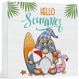 Summer Gnome Decor Beach Wood Sign Hello Summer Decorations Farmhouse Home Table Desk Decor (5 x 5 Inches)