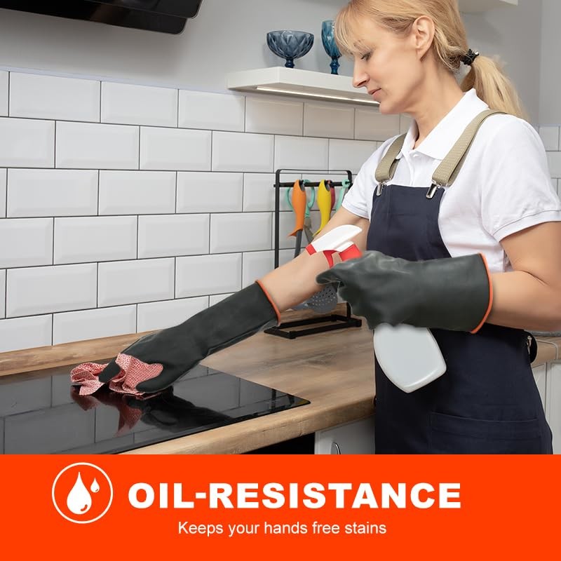 Heavy-Duty Latex Chemical Resistant Gloves - Reusable Long Rubber Dishwashing