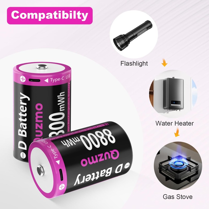 Quzmo Rechargeable Lithium D Batteries, 8800mWh 1.5V D Cell Battries