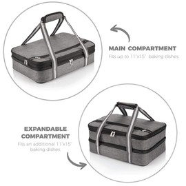 Insulated Expandable Double Casserole Carrier and Lasagna Holder for Picnic Potluck Beach Day Trip Camping Hiking - Hot and Cold Thermal Bag in Gray – Tote can hold 11 x 15 or 9 x 13 baking dish