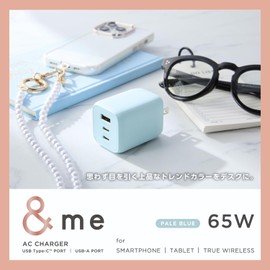 Elecom MPA-ACCP4465BU Charger, 65W Type-C x 2 Ports, USB-A x 1 Port, USB PD Compatible, Swing Plug, PPS Compatible, Pale Blue