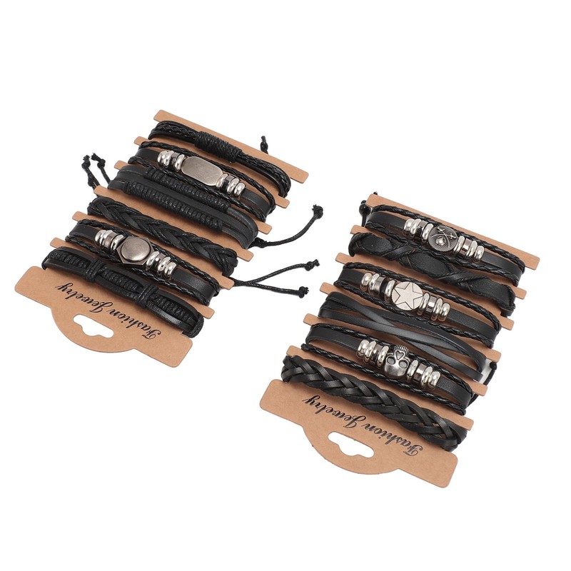 12PCS Braided Faux Leather Bracelet Set Multilayer Vintage Rock Style