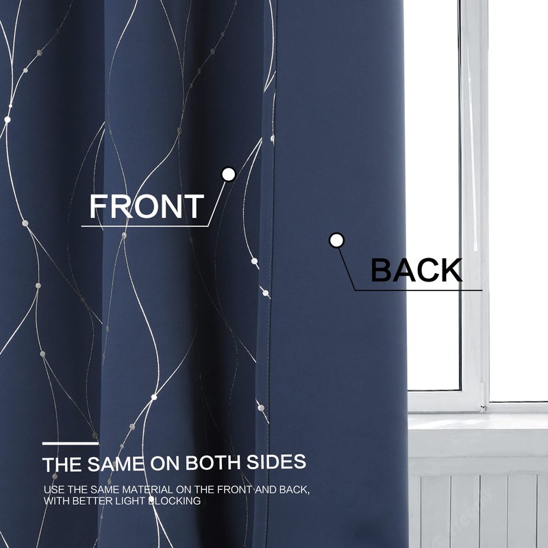 BUHUA Short Blackout Curtains - Silver Wave Pattern, Grommet Top