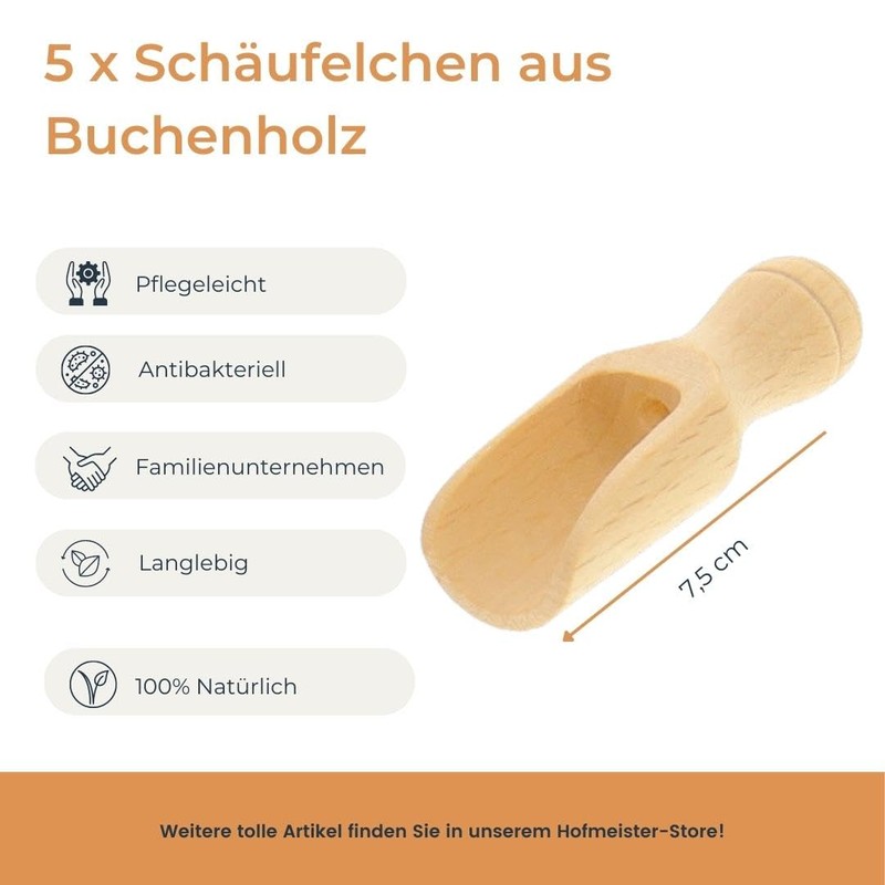5x Dosier-Schaufel aus Holz, 7,5 cm, Mess-Löffel für Gewürze, Tee,