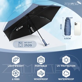 ZOMAKE Folding Umbrella, Parasol, Ultra Lightweight, Compact, Elastic Handle Design, UPF50+ UV Protection, Light Blocking, Heat Blocking, UV Protection, Rain and Sun, Storage Case Included, blue