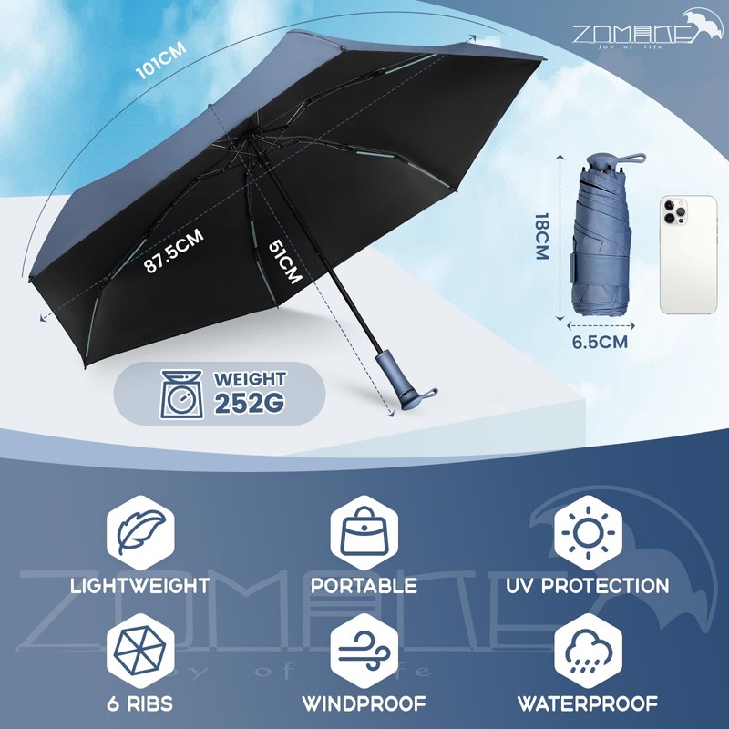 ZOMAKE Folding Umbrella, Parasol, Ultra Lightweight, Compact, Elastic Handle Design,