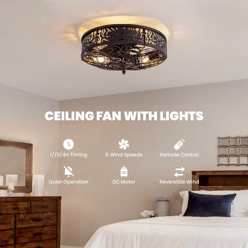 MOOONICHE 20" Ceiling Fan with Light and Remote, Farmhouse Bladeless