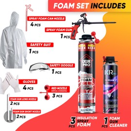 Spray Foam Insulation Kit (3 PK Kit-30oz) Expanding Sealant, Spray Foam, Mega Size Closed Cell Heat Acoustic Insulation, High Density, Cleaner, Gun