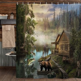 Bzhilja Natural Scenery Lake House Bear Shower Curtain Sets, Wooden Cabin Pine Tree in Magic Forest, Waterproof Fabric Bath Curtain Bathroom Accessories Decor Set with Hooks, 60X70 in