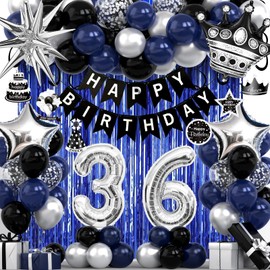 36th Birthday Decorations for Men and Women, Black Blue Silver Happy Birthday Number 36 Balloons, Banner, Fringe Curtains Garland Kit - 36 Year Old Party Supplies