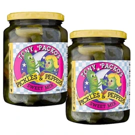 Tony Packo's Sweet Mix Pickles & Peppers, 24 oz Glass Jars, Pack of 2, Gourmet Pickle Mix with Bell Peppers, Cucumbers & Onions, with Pulp Jar Separators