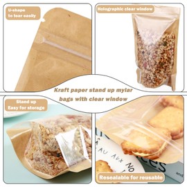 100-pack 8.7” x 11.8” Stand Up Kraft Paper Mylar Bags with Clear Window Large Resealable Foil Pouches for Food Storage Smell Proof Edible Packaging Zip Bag for and Small Business, Ziplock Bag Bulk