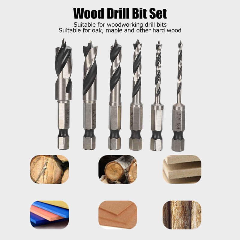 6Pcs 3 Point Drill Bit High Speed Steel Imperial Wood