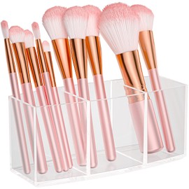 BOCONY Makeup Brush Organizer, Acrylic Clear Makeup Brush Holder with 3 Slots, Makeup Organizer for Vanity Bathroom, Perfect Storage Brushes, Pencils, Pens, and More