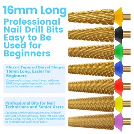 MagiBling 16mm Long Tapered Barrel Nail Drill Bits, 3/32'' Professional Cross Cut Tungsten Carbide Bit, Left and Right Hand Use, Manicure Cuticle Soft Hard Gel Polish Fast, Extra Coarse.