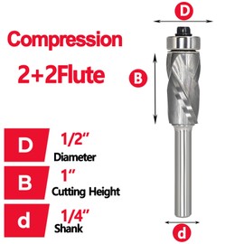 Compression Top Bearing Flush Trim Router Bit 1/4 Shank - 1/2" Cutting Dia, 1“ Cut Height, Carbide Spiral Up-Down Pattern Template Flush Cut Router Bit, for Wood Trimming