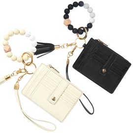 VZZNN 2 Pack Wristlet Keychain Wallet with Bracelet RFID Blocking Wristlet Credit Purse Card Holder Tassel Keychain Bangle Key Ring for Men Women