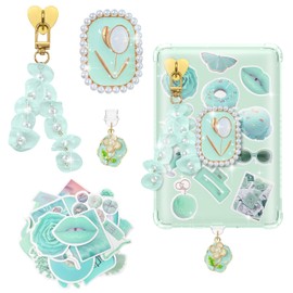 DLDXGXNR Pearl Charm Accessories Set for Kindle - Type C Dust Plug Charm, Anti-Slip Grip Holder, Delicate Mesh keychain & Cute Stickers Kit - Bookish Gift for Women, Girls, Kindle Lovers (Mint)