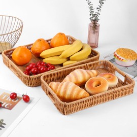 Fvstar Woven Serving Tray with Handles,Handmade Poly Wicker Tray for Storage Breakfast,Drinks,Fruits,Rectangular Basket Organizer Platters for Coffee Table Centerpiece Decor (2, Light Color)