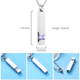 12 Birthstone Bar Cremation Necklace for Women Men Stainless Steel Memorial Urn Jewelry Hold Ashes Keepsake Pendant (Little Purple Stone)