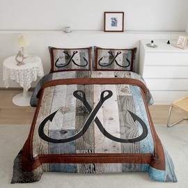 Manfei Fish Hook Nautical Kids Comforter Set Twin Size,Lake House Fishing Cabin Bedding Set,Girls Boys Adults Room Decor,Wooden Plank Rustic Down Comforter,Farmhouse Retro Duvet Insert,1 Pillowcase