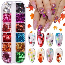 EBANKU 12 Colors Maple Leaf Nail Art Glitter Sequins, 3D Flakes Laser Fall Maple Leaf Nail Glitter Holographic Autumn Leaf Shape Nail Sequins for Nails Supply Glitter Decorations